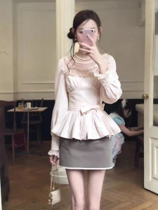 CHOUXIE | Age Reducing Pink Lace-up Shirts and Skirt Two-Piece Set