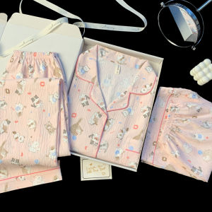 HANQIANNUO | Blue Bear Cartoon Womens Long Sleeve Sleepwear Set