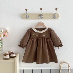 Spring Autumn Princess Style Girls Dress Cotton Lace Collar Outfit Little Girl Long Sleeve Skirt Children Fashion Korean Version