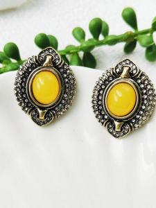 Luxurious Yellow Oval Gemstone Earrings Vintage Court Style Fashion Jewelry Alloy Plated Silver Post Backings for Women