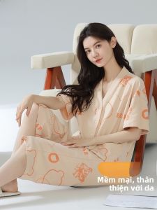 MiiOW | Bộ đồ ngủ cotton nguyên chất cho nữ Áo len cardigan hở tay mùa hè Quần dài đến mắt cá chân Phong cách ngọt ngào rộng rãi thoải mái mặc ở nhà mặc ngoài trời