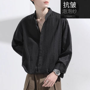 Áo Sơ Mi Nam Dài Tay Rộng Rãi Thường Ngày Mùa Xuân 2025 Áo Sơ Mi Cotton Pha Trộn Chống Nhăn Màu Đen Phong Cách Hàn Quốc