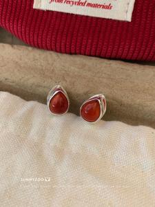 Elegant Red Agate Waterdrop Earrings Sunnyzoo French Vintage Versatile Fashion Jewelry Geometric Pattern for Women