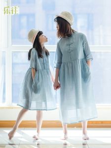 Original Chinese Style Summer Dress for Girls Light Blue Cotton Linen Blend Photography Outfit Mother Daughter Matching Skirt