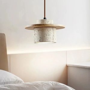 Phong Cách Nhật Bản LED Mặt Dây Đèn Đèn Chùm Đá Vintage Gỗ Kem Phòng Ngủ Đầu Giường Thiết Bị Chiếu Sáng Cho Gia Đình Trang Trí Phòng
