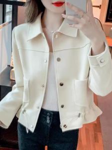 Spring Autumn Fashionable Womens Jacket Polo Collar Cardigan Coat Short Length Long Sleeve Single Button Closure Solid Color