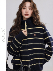 YOUXIANG | Áo Khoác Knit Cổ Cao Sọc Phong Cách Hàn Quốc