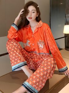 Quần Áo Ngủ Nhung Lụa Dài Tay Cổ Bẻ Đính Kim Cương Cho Nữ Quần Áo Mặc Nhà Sang Trọng Mùa Thu Đông Thường Ngày in Họa Tiết Hoạt Hình