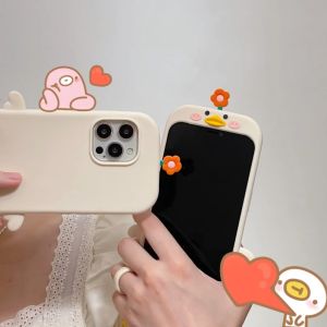 💗Internet celebrity trend+In stock+COD Cute Cartoon Flower Duck Silicone Case For iPhone 16 15 14 13 12 Pro 7 8 Plus X XR XS Max Cover Shockproof