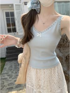 GUZILIAN | Summer New Korean Style V-Neck Lace Butterfly Knot Candy Color Versatile Strap Pure Desire Vest Top Slim Fit Commute Style