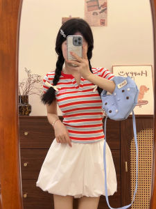 Color Block Stripe V-Neck Short Sleeve Womens T-Shirt Slim Fit Summer Top Dopaamine Rainbow Style Sweet Shoulder Line
