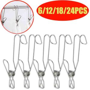 6-24PCS Stainless Steel Clothespins With Hooks Metal Spring Clips With Hooks Universal Hanging Clips Offices Kitchens Bathroom