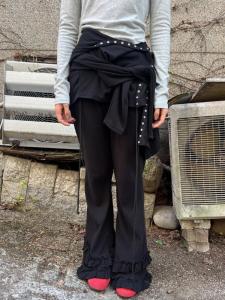 Street Style Retro Korean High Waist Flared Pants Elastic Casual Trousers Layered Lace Micro Flared Spiral Versatile Spring Summer Autumn