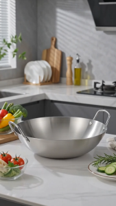Nipiin 30-60CM Stainless Steel Double-Handle Wok Sturdy & Practical for Home Stir-Fry Cooking