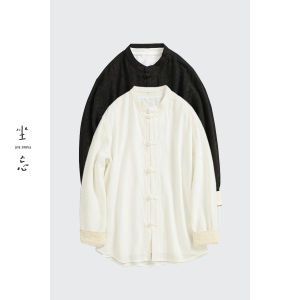 Mens Cotton Linen Shirt Small Stand Collar Texture Sensation Sleeveless Tang Costume Button up Loose Fit Breathable Long Sleeve