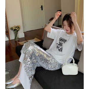 Silver Asymmetrical Netting Sequin Half-length Skirt plus Size Womens Summer Beautiful Shiny Straight-cut High-waist Long Skirt