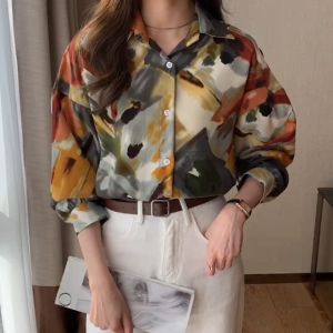 Kain Berkualitas Baju Wanita Lengan Panjang Pencetakan Lukisan Minyak Atasan Pesta Kerja Santai