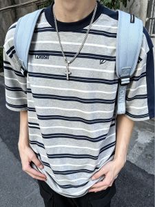 OUMULONG | Embroidered Stripe Contrast Heavyweight Straight Shoulder Small Collar T-Shirt