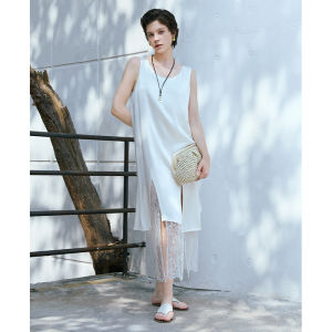 Summer New Womens Sleeveless Vest Dress Lace Splicing White Long Skirt Minimalist Style Natural Waist U-Neck H-Shape Gown