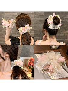 NING ZHOU | Elegant Pearl and Tulle Tulip Headband Women