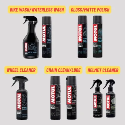 Motul Bike Care - Bike Wash/Waterless Wash/Gloss Polish/Matte Polish/Wheel Cleaner/Chain Clean/Chain Lube/Helmet Cleaner