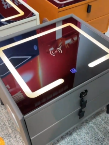 Cimison Smart Nightstand with Wireless Charger & Bluetooth Speaker 3-Color LED Mood Light USB Port Fingerprint Lock (High Config) Bedside Table Cabinet