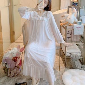 Princess Style Long Sleeve Modal Lace Trim Nightgown Retro Court Fashion Mid-Length Mesh Sleep Dress for Women