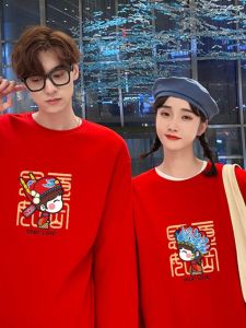 เสื้อฮู้ดคู่รักสีแดง คอตั้ง แขนยาว ทรงหลวม ผ้าฝ้ายผสมโพลีเอสเตอร์ สำหรับผู้หญิงอายุ 18-24 ปี ฤดูใบไม้ผลิ 2025