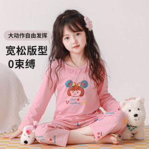 Childrens Summer Thin Pure Cotton Long Sleeve Long Pants Sleepwear Home Clothes for Girls Anti-static Breathable Moisture-wicking
