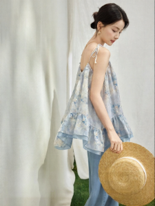 SUSHE | Elegant Water Ink Embroidery A-line Chiffon Blouse