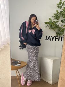 กระโปรงยาวปานกลางผ้าชีฟองลายดอกไม้เข้ารูปเอวสูง กระโปรงทรงหางปลาสำหรับผู้หญิง กระโปรงทรงเข้ารูปสุดหรูหรา