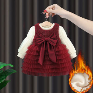 ชุดเดรสเด็กผู้หญิงสีแดง ฤดูหนาว 2024 ชุดเดรสเจ้าหญิง ชุดราตรีปีใหม่ ชุดเด็ก ชุดเดรส กระโปรงทรงเค้ก แขนยาว คอตั้ง
