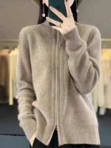 Loose Woolen Knitted Cardigan Womens Half High Collar Double Zipper Outerwear Cashmere Sweater Soft Long Sleeve Polo Neck