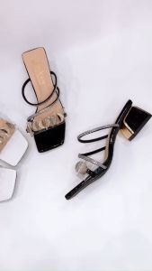 Dép nữ cao gót vuông 5p quai trong kết khóa bán nguyệt xoàn chéo hông - G02