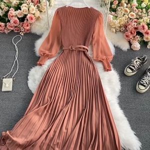 NUNA Autumn Fashion Long Dress Solid Color Pleated Maxi Dress Women Elegant Long Sleeve Dresses Casual Chiffon Fabric
