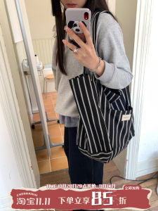 Chen Naini Large Capacity Striped Canvas Shoulder Bag Casual Commuter Tote Bag Korean Style Versatile Casual Leisure Bag