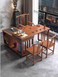 Modern Minimalist Rotatable Tea Table Set Home Office Use Foldable Balcony Living Room Solid Wood Tea Desk Chair Combination