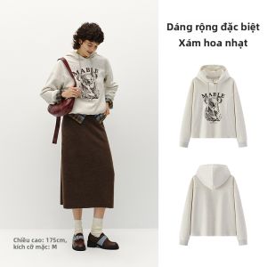 Semir | Áo hoodie nữ lót fleece form rộng có dây rút in họa tiết Thu Đông