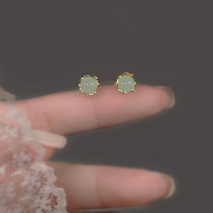 Fashionable Small Batch Design Imitation Turpan Jade Green Pearl Stud Earrings Alloy Plated Silver Gold Floral Pattern for Women