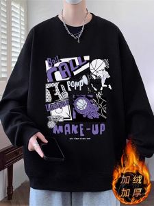 American Retro Fleece Lined round Neck Sweatshirt for Teenage Boys Heavyweight Cotton Casual Streetwear Autumn Winter Top