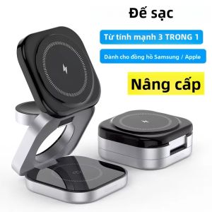 Đế Sạc Không Dây Từ Tính Nhanh 3 Trong 1 Có Thể Gập Lại Cho iPhone/Samsung Galaxy - Trạm Sạc Có Tấm Báo Cho Điện thoại/Đồng hồ/Tai Nghe
