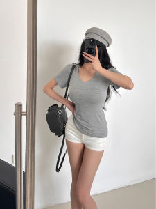 M5031 White V-neck Short-Sleeved T-shirt Womens Summer Loose Easiest for Match Casual Laid-Back Style Inner Black Tops