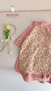 Áo dài tết cách tân bé gái nhung tăm hoa nhí BERNIE màu hồng vàng bé 8 đến 23 kg