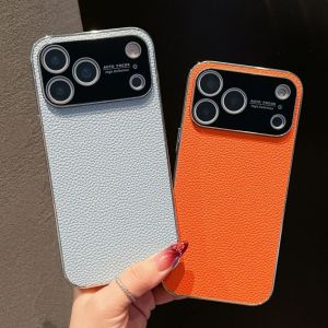 Luxury Litchi Leather Texture Phone Case For iPhone 17 Air 16 15 14 13 12 11 Pro Max Plus Large Window Lens Protect Bumper Cover