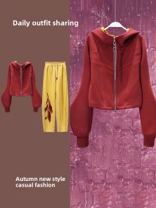 LIANGYILAILIN | Wine Red Casual Hoodie Sport Set