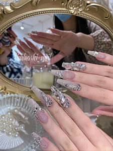 Luxurious Full Diamond Long Staircase Nail Tips Handmade Bridal False Nails Removable Wearable Nail Art Products Bright Color