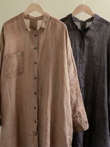 Casual Long Sleeve Linen Shirt Womens Loose Fit Cotton Linen Blend Summer Top UV Protection Vintage Style Button up Coat