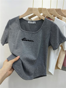 Slim Fit Short Sleeve T-Shirt Womens Summer Design Square Collar Bodycon Top Korean Style Printed Youth Fashion 2025 New Arrival