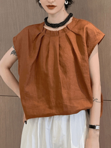 French Style Short Sleeve Casual Loose Womens Shirt Summer New Fashion Slimming Anti-Aging Top round Neck Polyester Blend