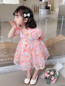 Floral Print Short Sleeve Princess Dress Korean Style Summer Childrens Clothing Girls Dress Fashionable Kids Skirt
